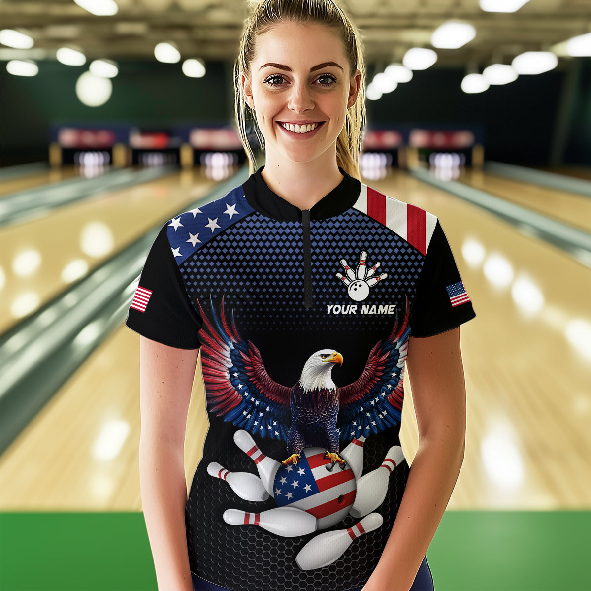 Woman wearing custom american flag with eagle bowling quarter-zip shirt, front view mockup, personalized bowling league jersey.