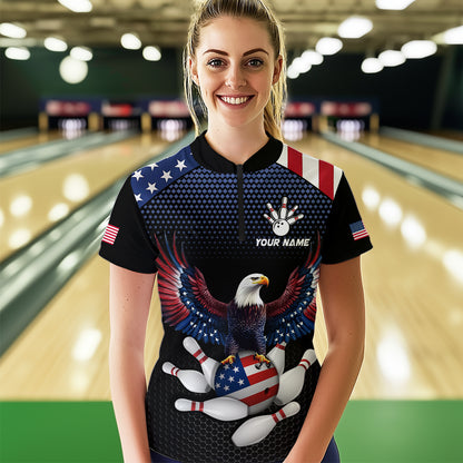 Woman wearing custom american flag with eagle bowling quarter-zip shirt, front view mockup, personalized bowling league jersey.