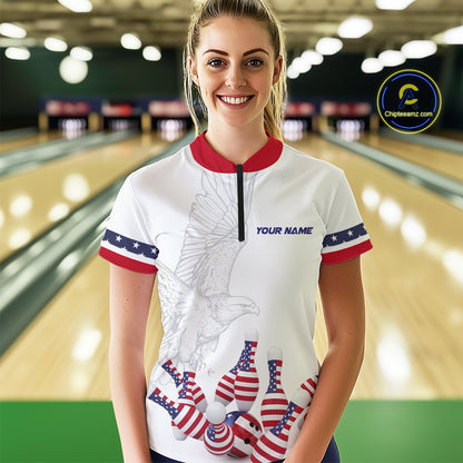 Custom Eagle US Flag Bowling Women Bowling Shirt Polo & Quarter-Zip Bowling Team Jerseys HNT76