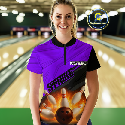Custom Flaming Purple Bowling Shirts for Women Men Team Bowling Polo & Quarter Zip MBL99