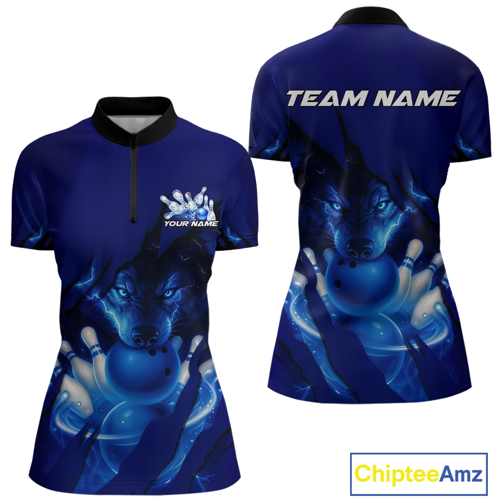 Blue Bowling Shirts for Team Women Men Custom Wolf Bowling Jerseys for Couples MBL202