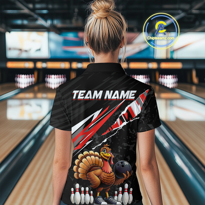 Custom Red Funny Turkey Bowling Jersey for Women Thanksgiving Bowling Shirts Polo & 1/4 Zip HNT117