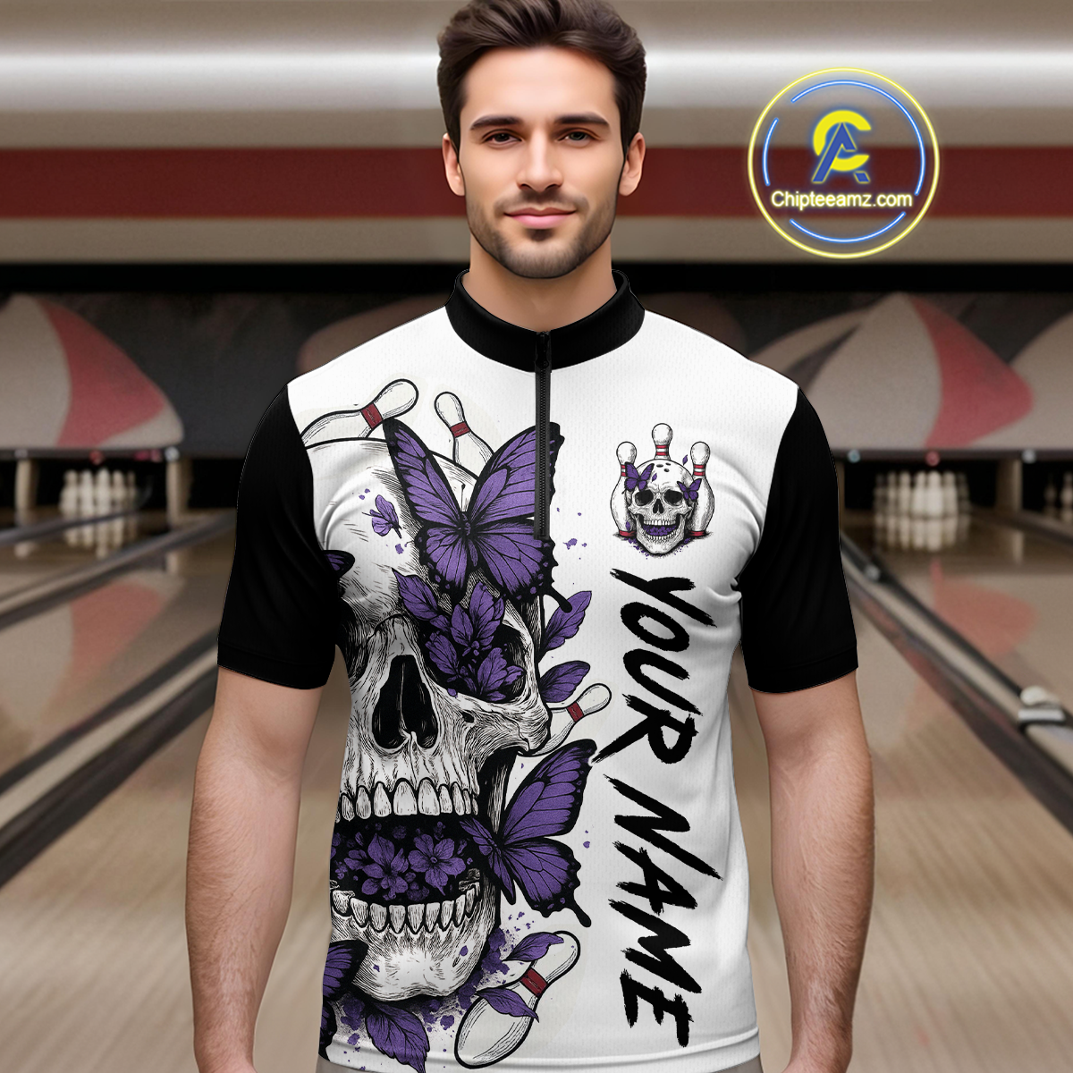 Purple Butterfly Skull Bowling Men Bowling Shirt Polo & Quarter-Zip Bowling Team Jerseys HNT80