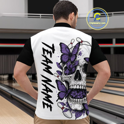 Purple Butterfly Skull Bowling Men Bowling Shirt Polo & Quarter-Zip Bowling Team Jerseys HNT80