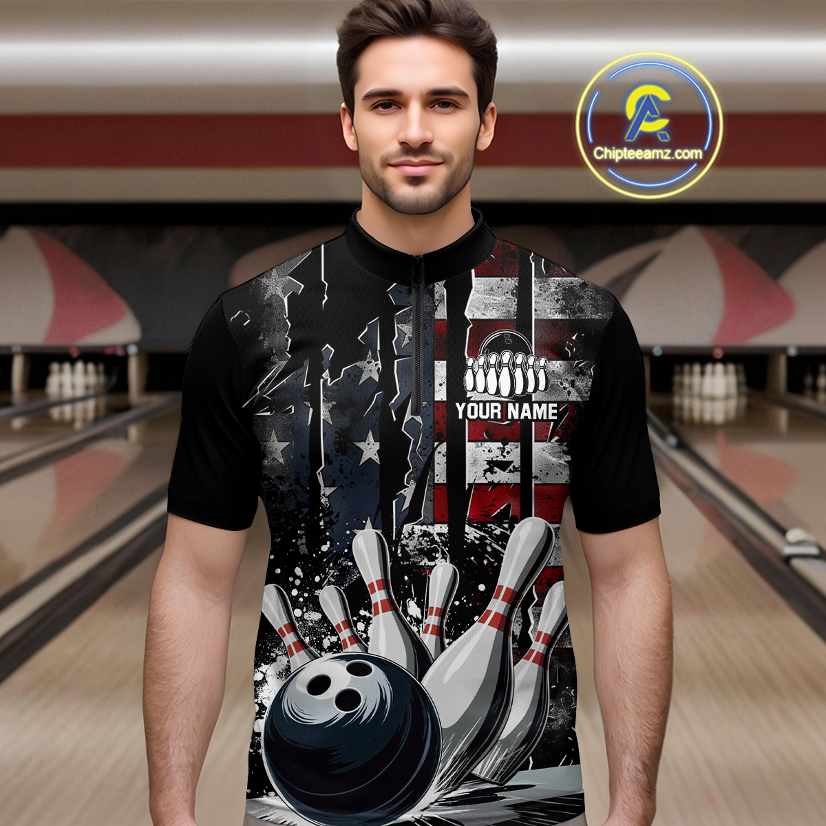 Custom Cracked US Flag Bowling Men Bowling Shirt Polo & Quarter-Zip Bowling Team Jerseys HNT86