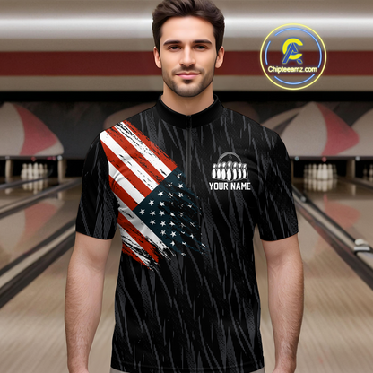 Custom American Flag Eagle Bowling Men Polo & 1/4 Zip Shirts Bowling Team Jerseys HNT89