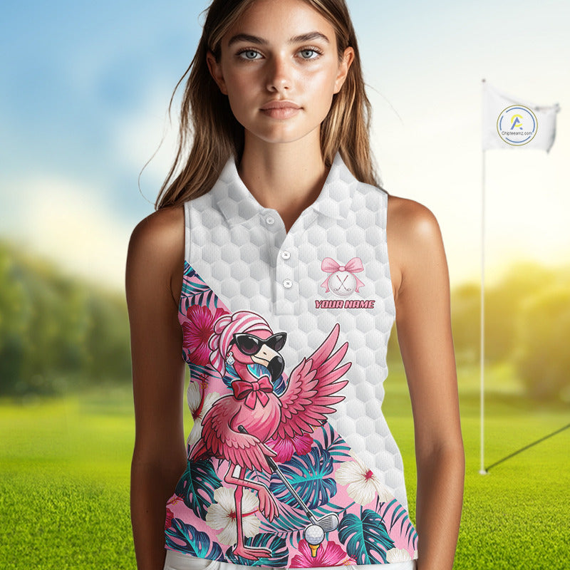 Pink Flamingo Golf Shirt For Women Sleeveless, Funny Tropical Patten Golf Polo Shirt, Ladies Golf Outfit For Team NHT730