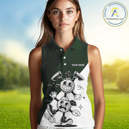 Green White Funny Golf Ball Pattern Sleeveless Womens Golf Polo Shirts Custom Golf Outfits Ladies, Green Golf Tops NHT785