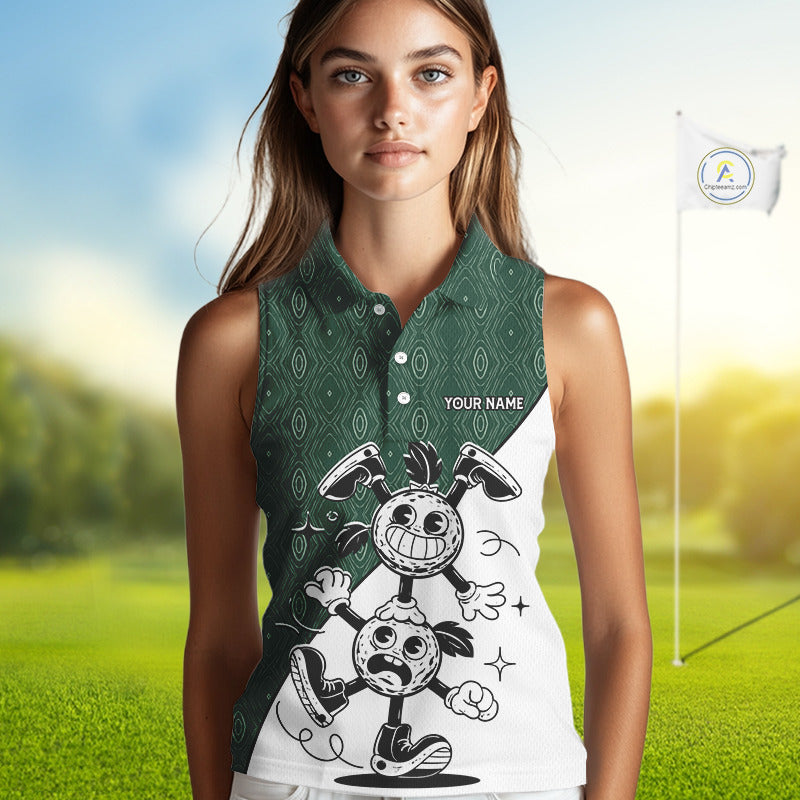 Green White Funny Golf Ball Pattern Sleeveless Womens  Golf Polo Shirts Custom Golf Outfits Ladies, Green Golf Tops NHT784