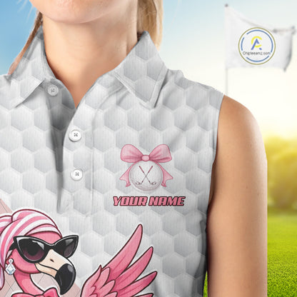 Pink Flamingo Golf Shirt For Women Sleeveless, Funny Argyle Patten Golf Polo Shirt, Ladies Golf Outfit For Team NHT731