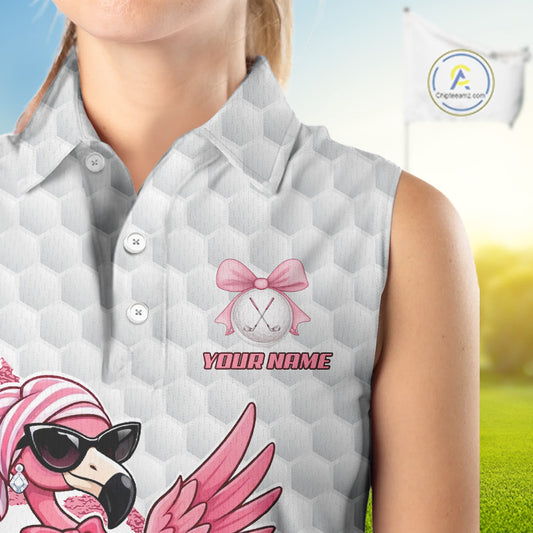 Pink Flamingo Golf Shirt For Women Sleeveless, Funny Leopard Patten Golf Polo Shirt, Ladies Golf Outfit For Team NHT732