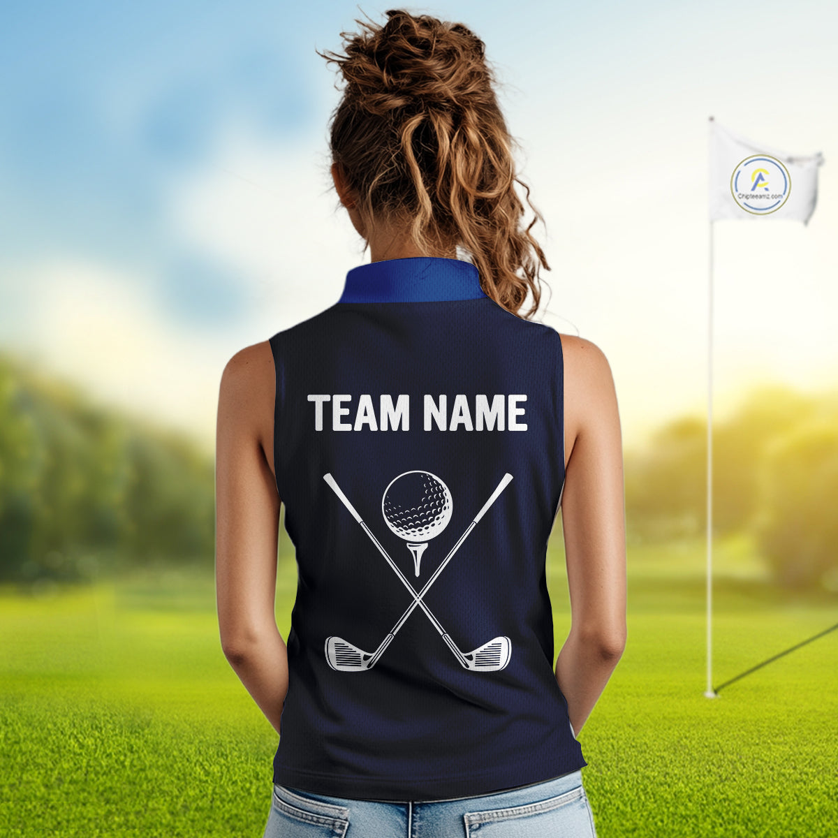 Blue Pattern Women sleeveless polo shirt custom Team name golf outfit for ladies, unique golf gifts NQS9874