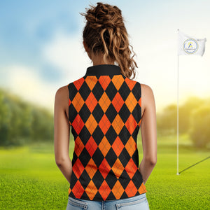 Funny Women sleeveless polo shirt custom orange black argyle plaid Halloween Skull ladies golf attire NQS10355