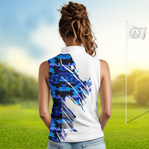 Personalized Women sleeveless golf polo shirt custom white and blue camo ladies golf apparel NQS10073