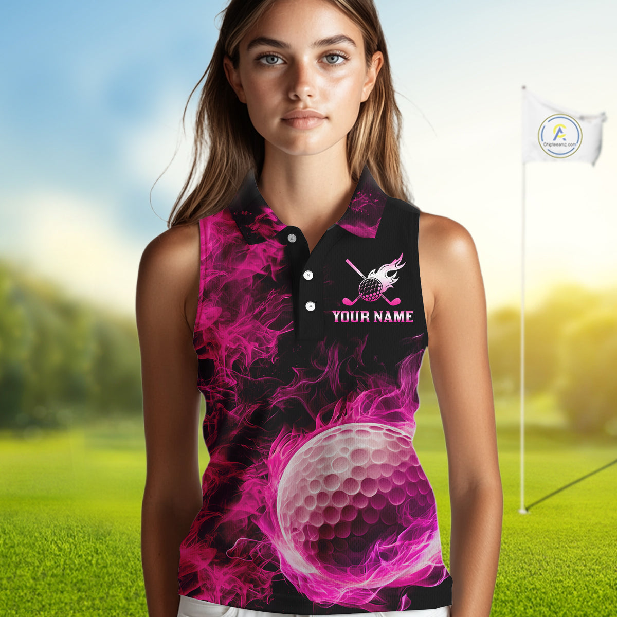 Black and Pink Flame Golf Ball Women sleeveless polo shirt custom golf outfit for ladies golf clothes NQS9869