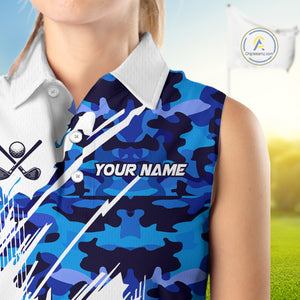 Personalized Women sleeveless golf polo shirt custom white and blue camo ladies golf apparel NQS10073