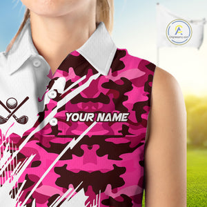 Personalized Women sleeveless golf polo shirt custom white and pink camo ladies golf apparel NQS10335