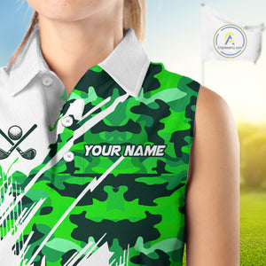 Personalized Women sleeveless golf polo shirt custom white and green camo ladies golf apparel NQS10334