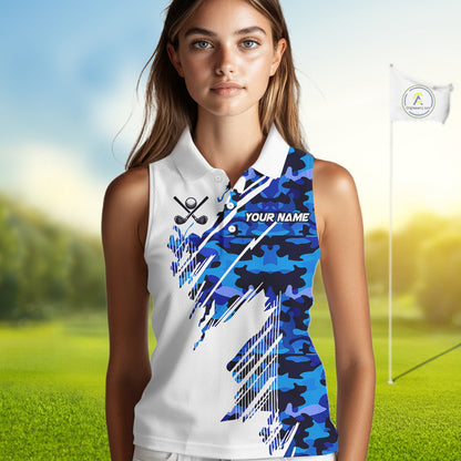 Personalized Women sleeveless golf polo shirt custom white and blue camo ladies golf apparel NQS10073