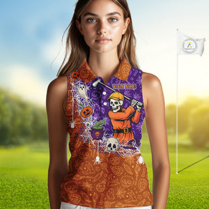 Halloween Skull Playing Golf Sleeveless Polo Shirt Custom Halloween golf outfit For Ladies Golf Gifts NQS10340