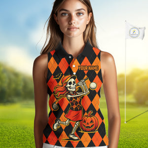 Funny Women sleeveless polo shirt custom orange black argyle plaid Halloween Skull ladies golf attire NQS10355