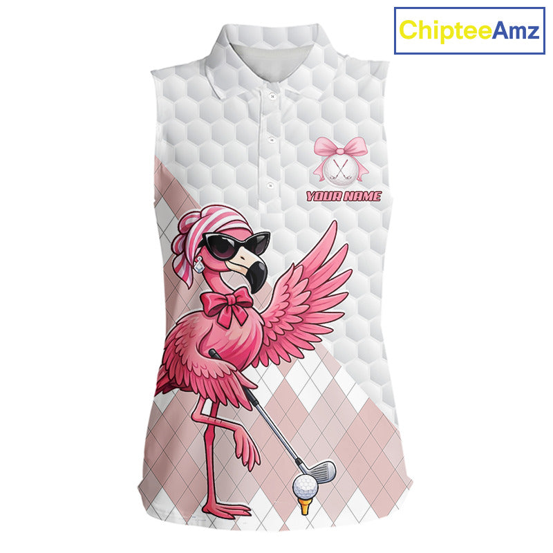 Pink Flamingo Golf Shirt For Women Sleeveless, Funny Argyle Patten Golf Polo Shirt, Ladies Golf Outfit For Team NHT731