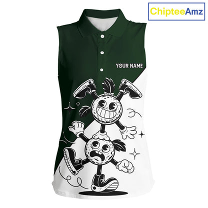 Green White Funny Golf Ball Pattern Sleeveless Womens Golf Polo Shirts Custom Golf Outfits Ladies, Green Golf Tops NHT785