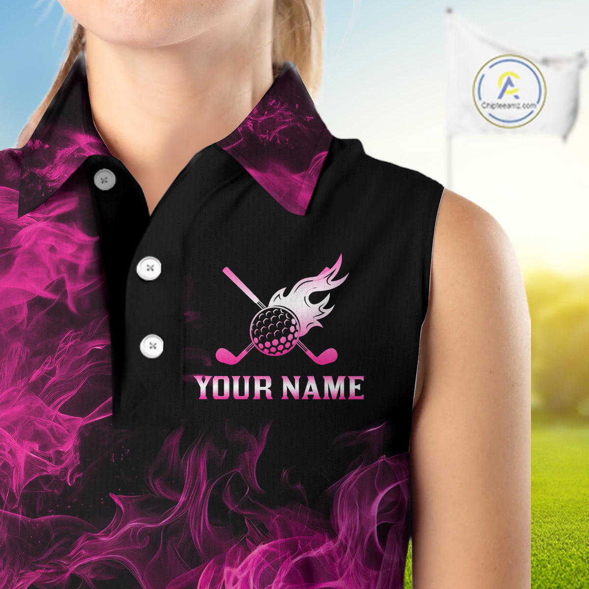 Black and Pink Flame Golf Ball Women sleeveless polo shirt custom golf outfit for ladies golf clothes NQS9869