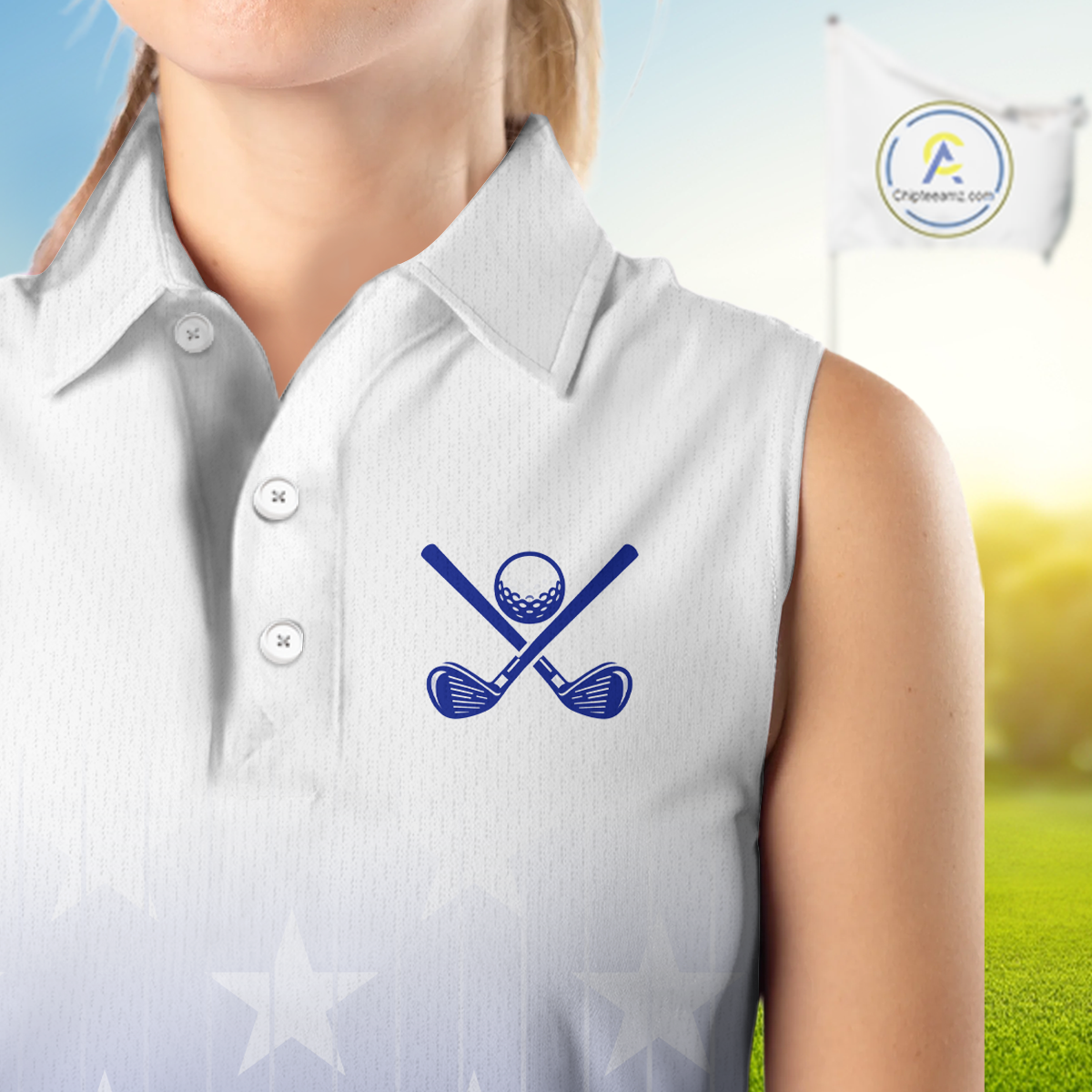 Blue stars pattern white ladies sleeveless golf polos shirts, gifts for the golfer NQS9965