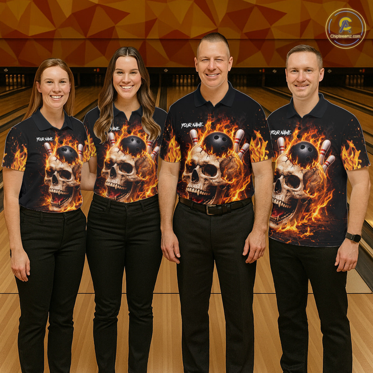 Flame Skull Bowling Polo, 1/4 zip shirts for men custom Skull team Bowling uniforms league jerseys NQS11577