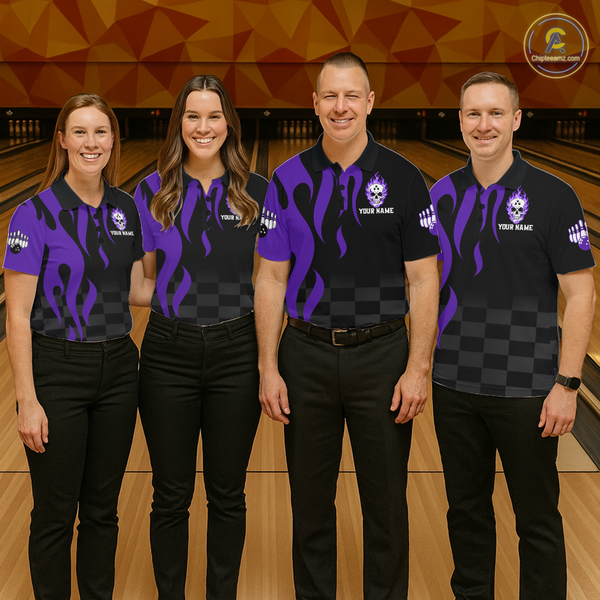 Purple Flame Skull Bowling Shirt Bowling Team Jersey for Women Polo & 1/4-Zip QZT931