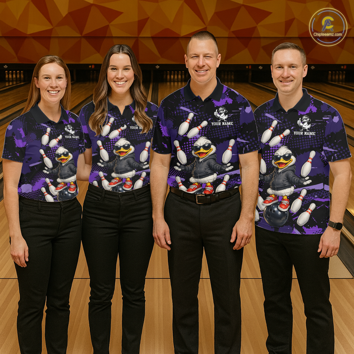 Custom Purple Funny Duck Bowling Shirt for Men Bowling Jersey Polo & 1/4 Zip Bowling Outfit QZT943
