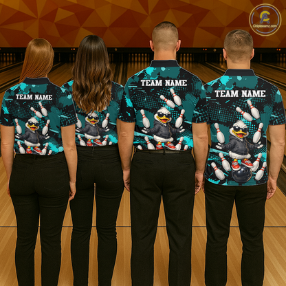 Custom Turquoise Funny Duck Bowling Shirt for Men Bowling Jersey Polo & 1/4 Zip Bowling Outfit QZT943