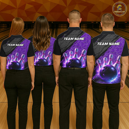 Black and Purple Bowling Camo Polo, 1/4 Zip Shirts for Men Custom Bowling Team League Jerseys NQS11700