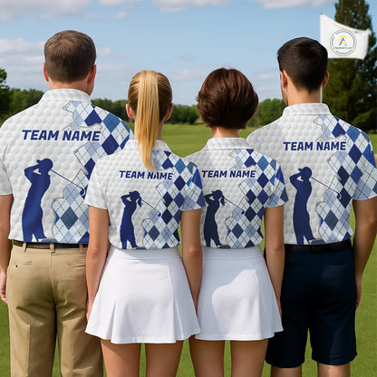 Custom Argyle Pattern Golf Polo Shirts For Men, Blue Argyle Golf Ball White Golf Clothing Shirts NYN2990