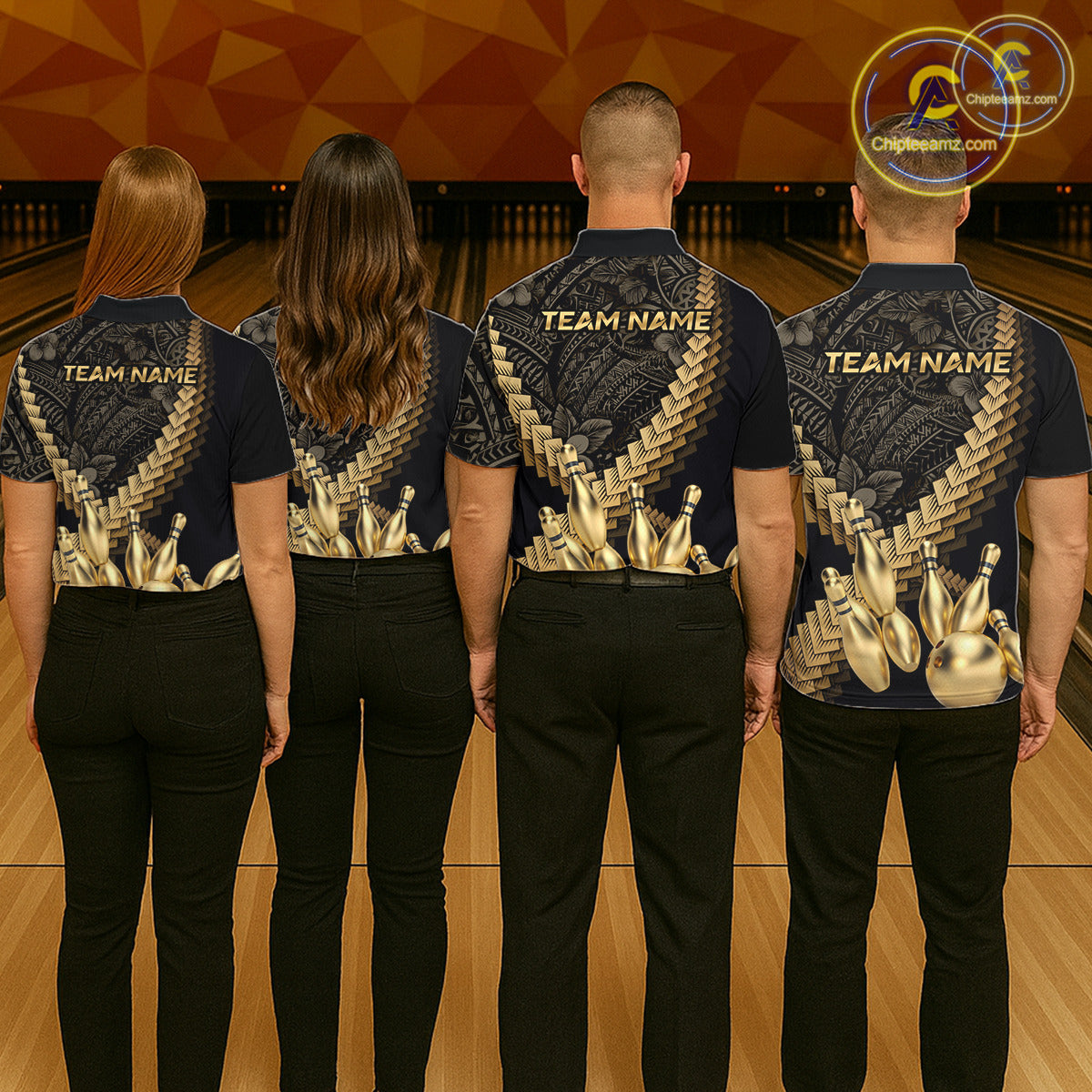 Custom Black & Gold tribal pattern Bowling Polo, 1/4 zip Shirts For Women, Team Bowling League jersey NQS11591