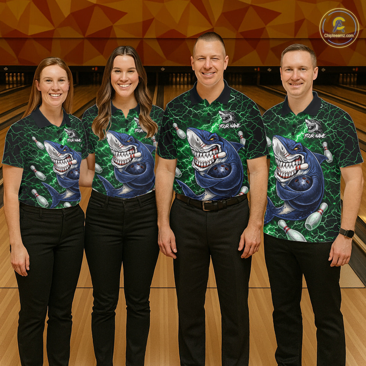 Green Lightning Thunder Angry Shark Bowling shirts For Men Custom Shark Bowling Team Jerseys NQS11758