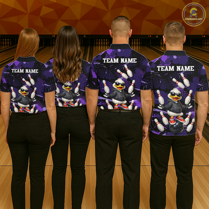 Custom Purple Funny Duck Bowling Shirt for Men Bowling Jersey Polo & 1/4 Zip Bowling Outfit QZT943