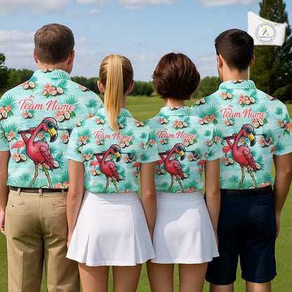 Funny Mens Golf Polo Shirts Custom Name Pink Flamingo Pattern, Tropical Golf Shirt NBT478