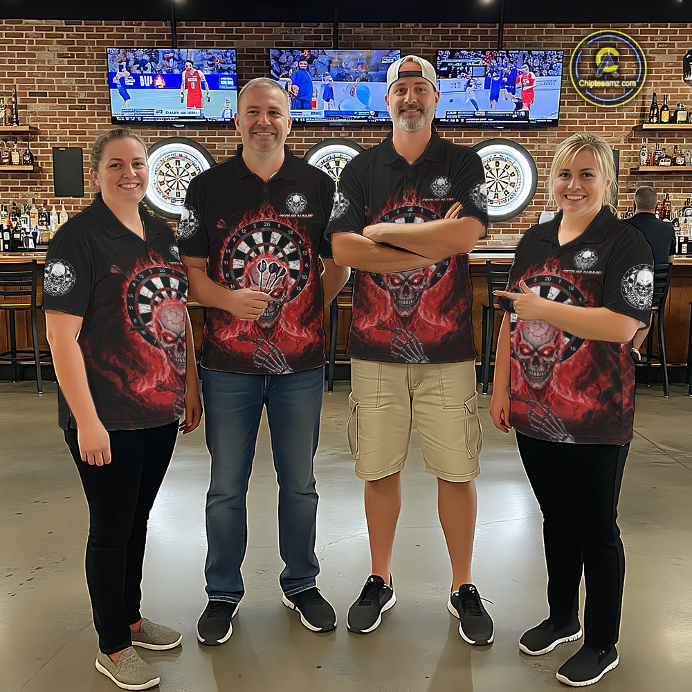 Black Red Flaming Skeleton Darts Custom Men's Dart Polo Shirts Team Dart League Jerseys NYN2075