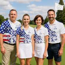 Load image into Gallery viewer, Funny Mens Golf Polo Shirt Patriotic American Flag Custom Name Shark Playing Golf Shirt Funny Golf Apparel NHN0018