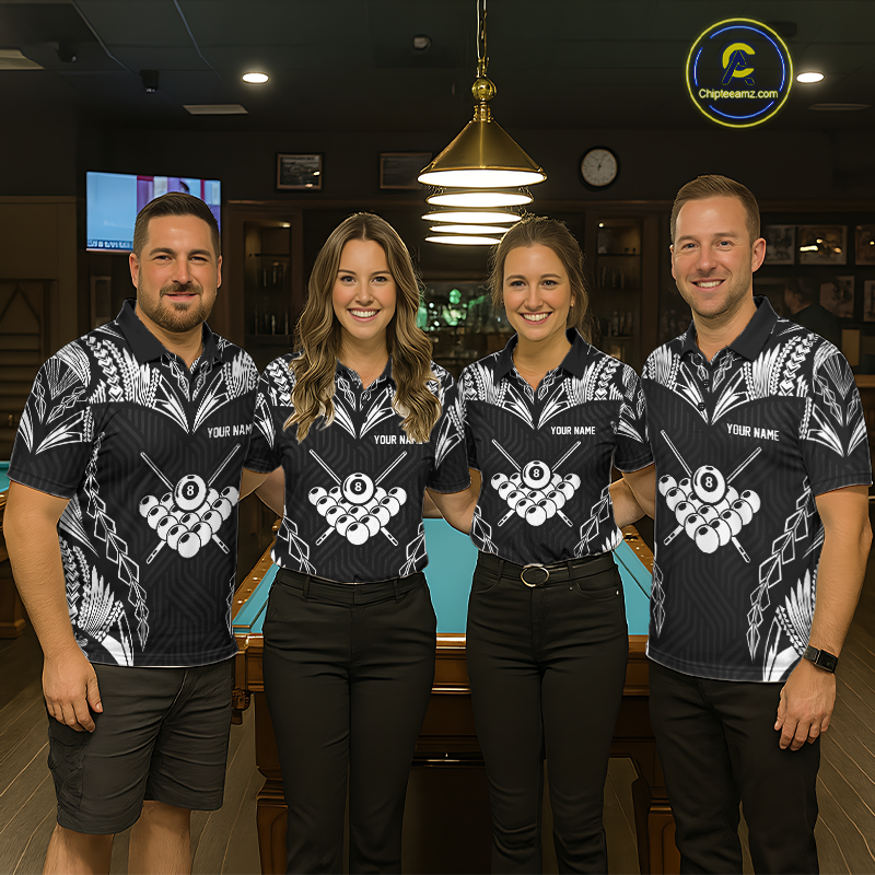 Custom 8 Ball Tribal Pattern Billiard Shirts for Women Billiard Team Shirts Billiard League Polo & 1/4 Zip NNT95