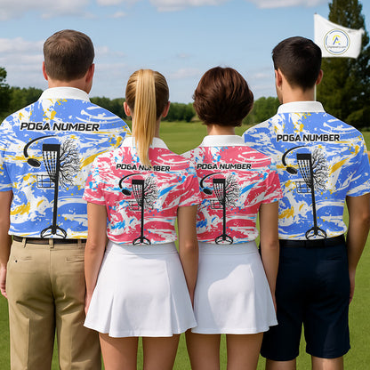 Camo Mens Disc Golf Polo Shirt Custom Name Blue Yellow Disc Golf Basket Apparel Team Disc Golf Outfit NHN0027