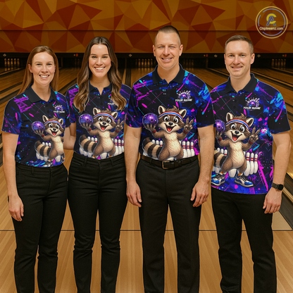 Custom Neon Funny Raccoon Bowling Team Jersey for Women Bowling Shirt Bowling Tournament Polo & 1/4-Zip QZT957