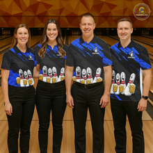 Load image into Gallery viewer, Custom Blue Funny Bowling Tournament Jersey for Women Bowling Team Shirts Polo &amp; 1/4 Zip HNT178