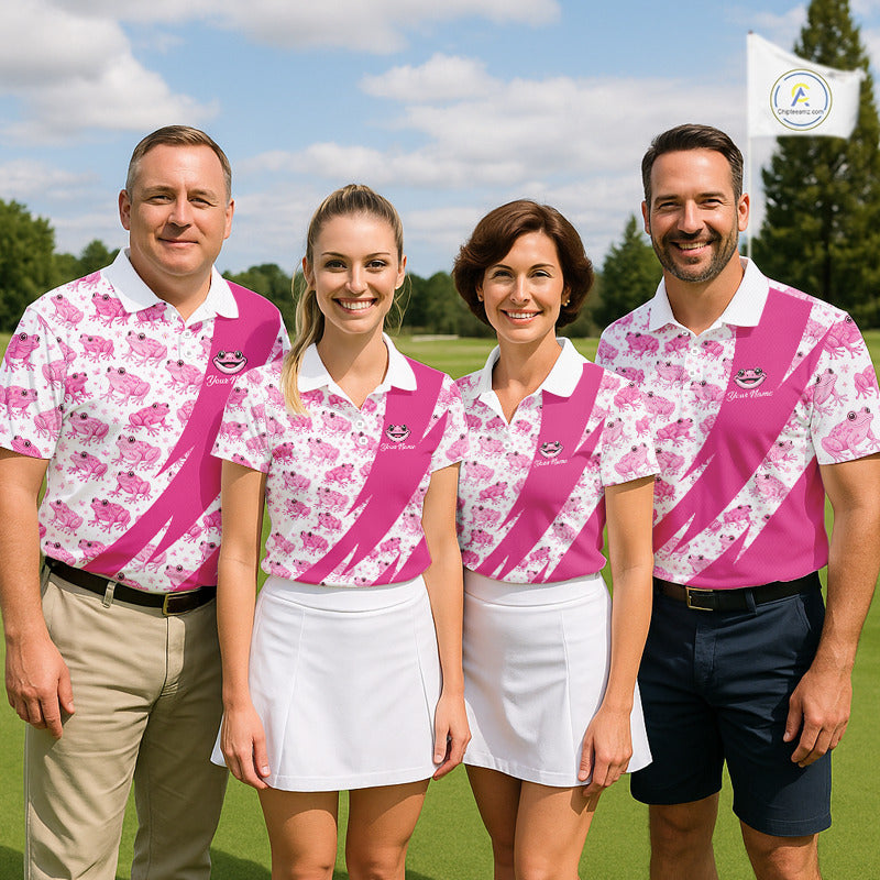 Funny Womens Golf Polo Shirts Custom Pink Frog Pattern Golf Attire For Men Personalized Golfer Gifts NHN0136