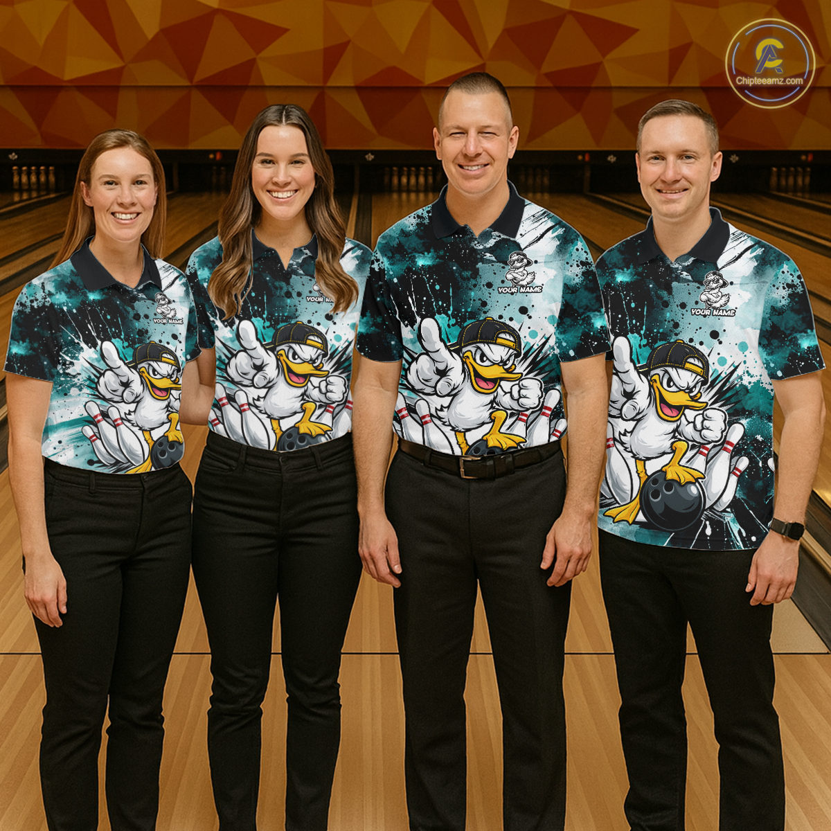 Custom Teal Funny Duck Bowling Jersey for Women Bowling Uniform Polo & 1/4 Zip Bowling Team Shirts HNT237