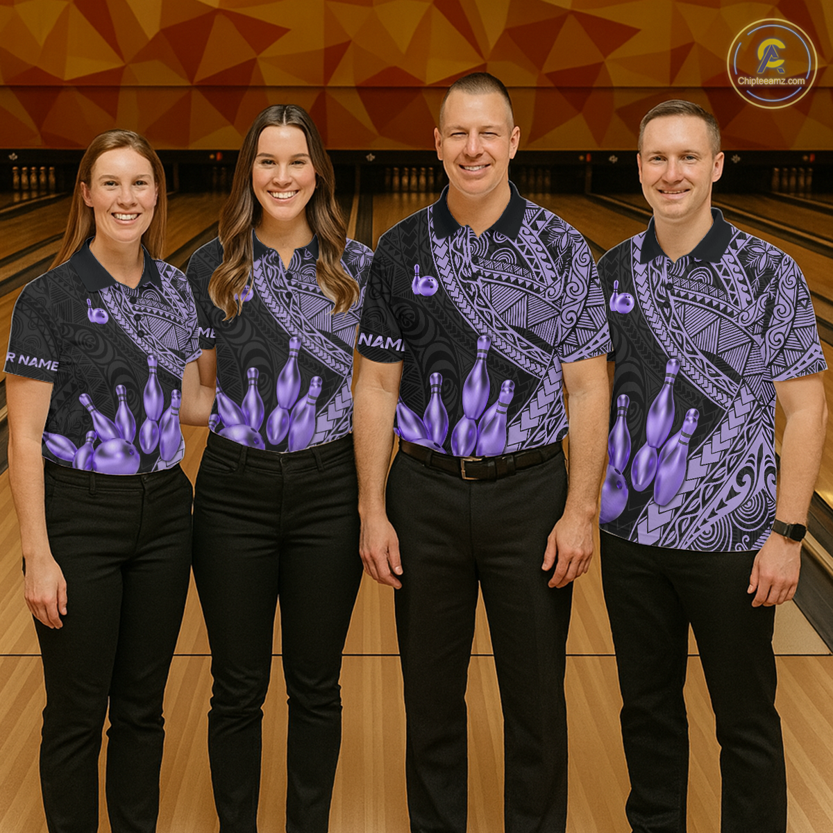 Black and Purple Tribal Pattern Bowling Jersey for Women Bowling Uniform Bowling Team Shirts HNT225