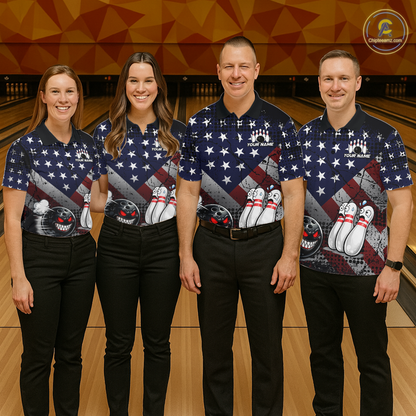Custom American Flag Funny Bowling Team Shirt for Men Polo & Quarter-Zip Bowling Jersey Blue Red White QZT928
