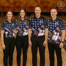 Load image into Gallery viewer, Custom American Flag Funny Bowling Team Shirt for Men Polo &amp; Quarter-Zip Bowling Jersey Blue Red White QZT928